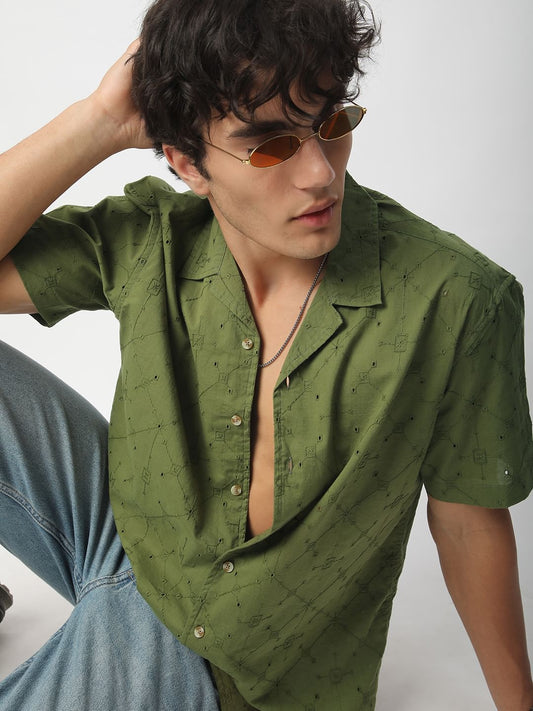 Intricate Olive Geometric Embroidered Oversized Shirt