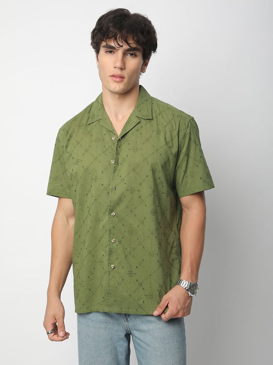 Intricate Olive Geometric Embroidered Oversized Shirt