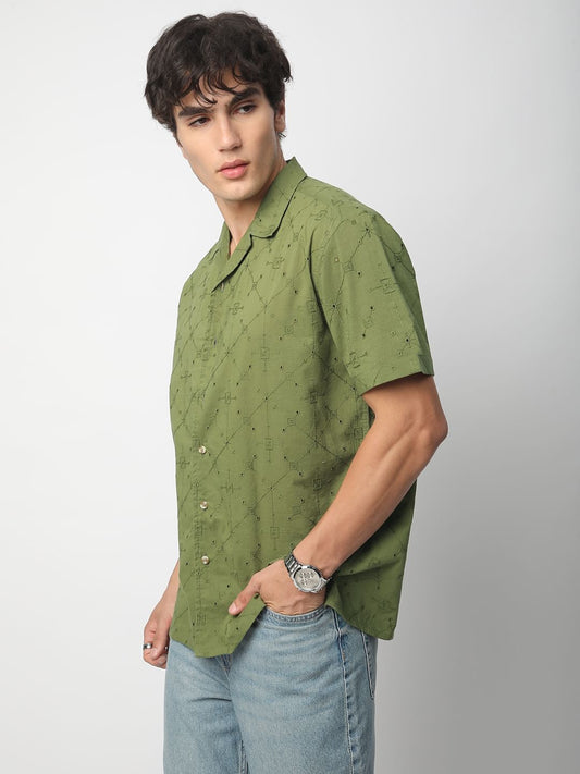 Intricate Olive Geometric Embroidered Oversized Shirt