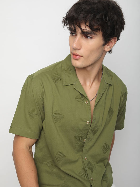 Olive Leaf Embroidered Oversized Shirt