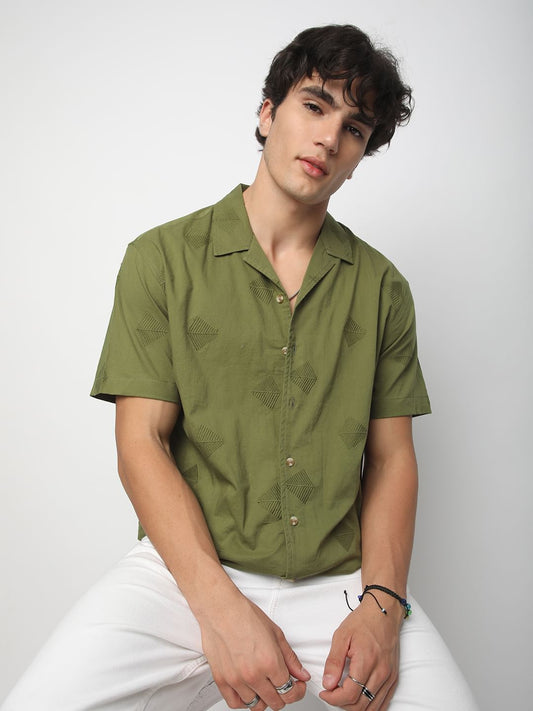 Olive Leaf Embroidered Oversized Shirt