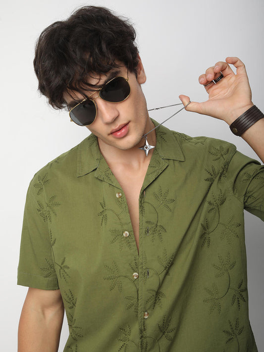 Minimalist Olive Leaf Embroidery Oversized Shirt