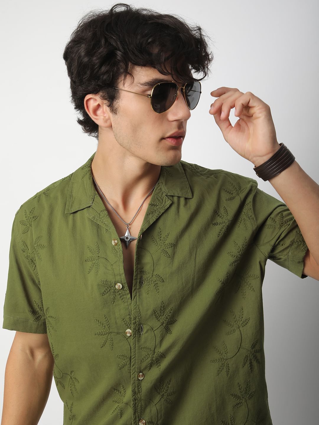 Minimalist Olive Leaf Embroidery Oversized Shirt