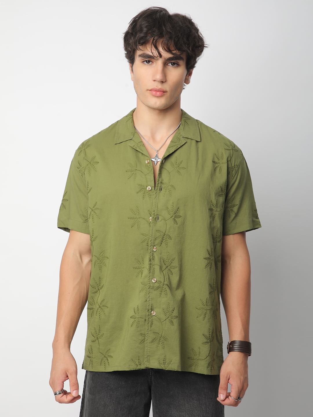Minimalist Olive Leaf Embroidery Oversized Shirt