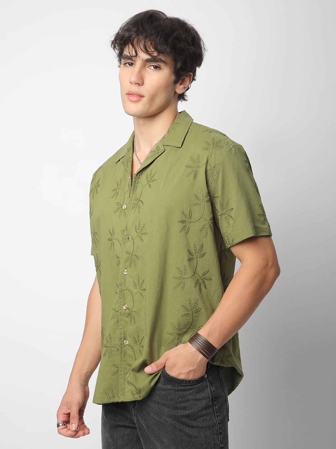 Minimalist Olive Leaf Embroidery Oversized Shirt