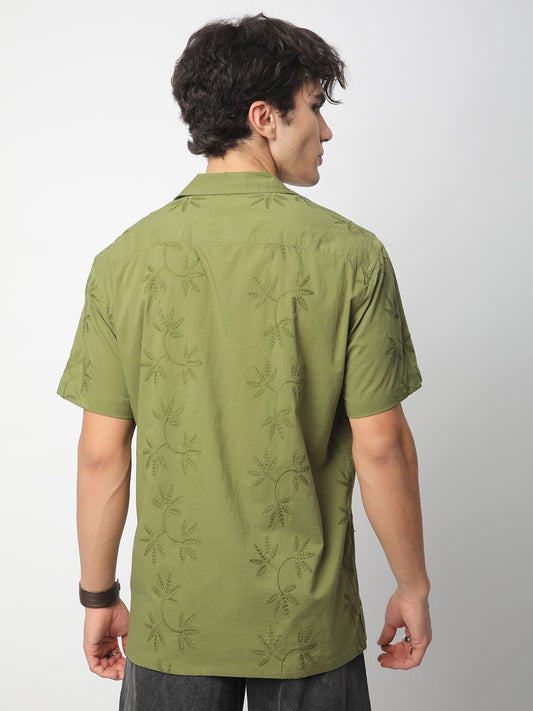 Minimalist Olive Leaf Embroidery Oversized Shirt
