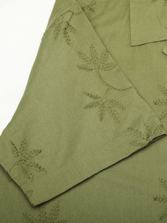 Minimalist Olive Leaf Embroidery Oversized Shirt