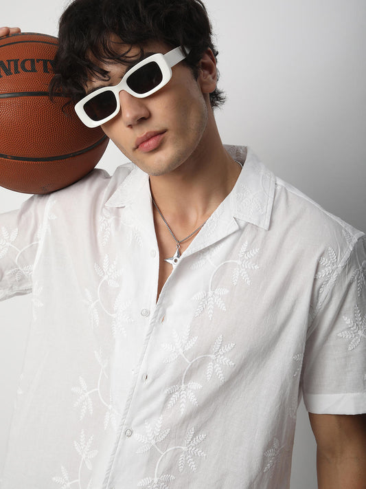 Minimalist White Leaf Embroidery Oversized Shirt
