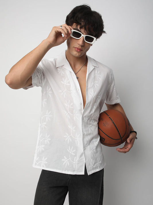 Minimalist White Leaf Embroidery Oversized Shirt