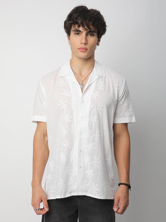 Minimalist White Leaf Embroidery Oversized Shirt
