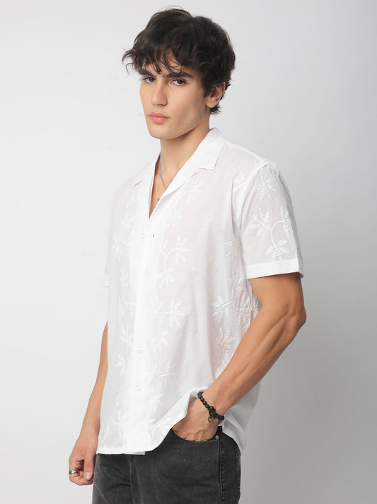 Minimalist White Leaf Embroidery Oversized Shirt