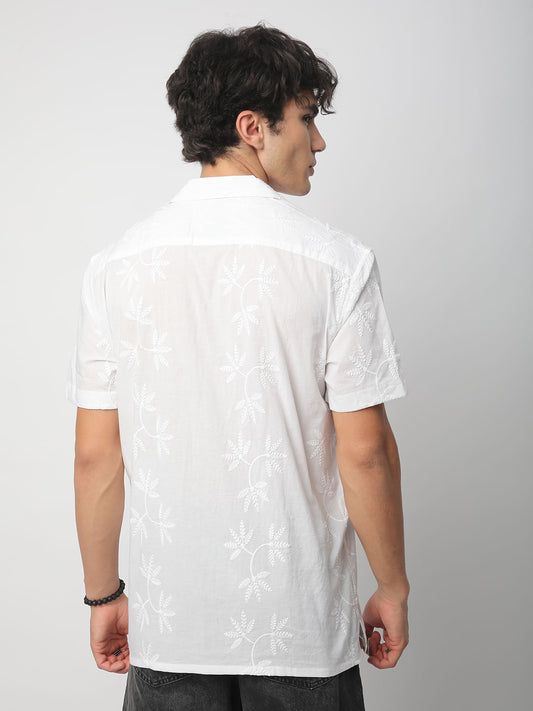 Minimalist White Leaf Embroidery Oversized Shirt