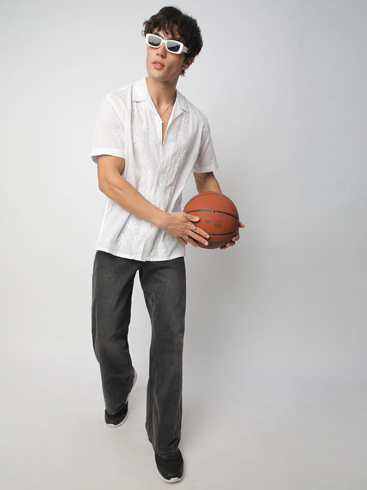 Minimalist White Leaf Embroidery Oversized Shirt