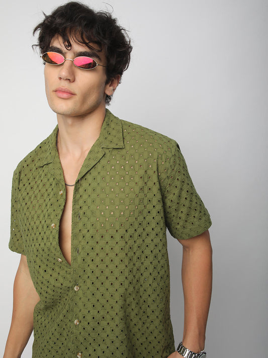 Olive Squarish Schiffli Oversized Shirt