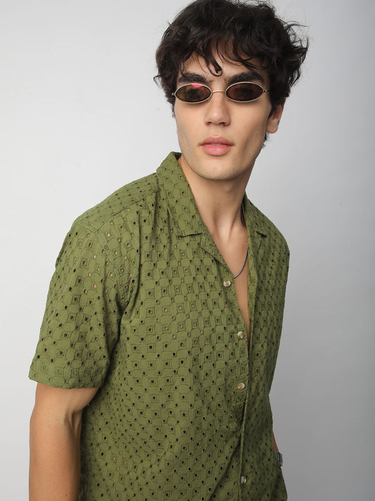 Olive Squarish Schiffli Oversized Shirt
