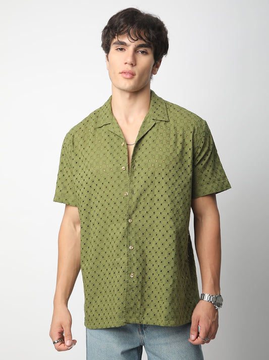 Olive Squarish Schiffli Oversized Shirt