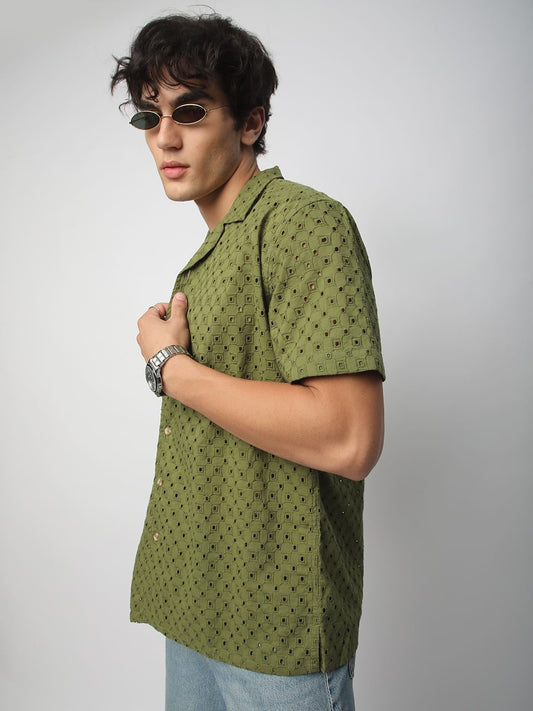Olive Squarish Schiffli Oversized Shirt
