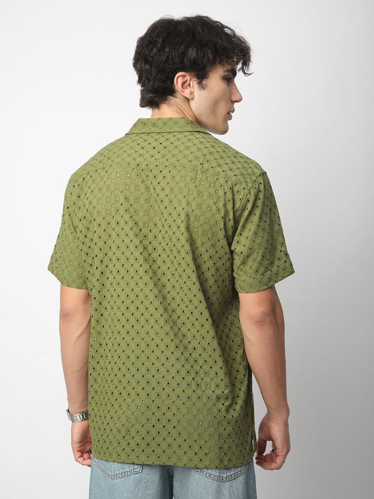 Olive Squarish Schiffli Oversized Shirt
