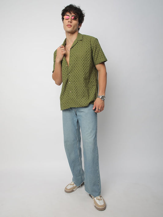 Olive Squarish Schiffli Oversized Shirt