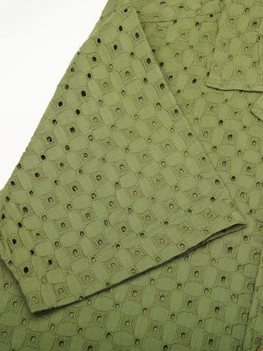 Olive Squarish Schiffli Oversized Shirt