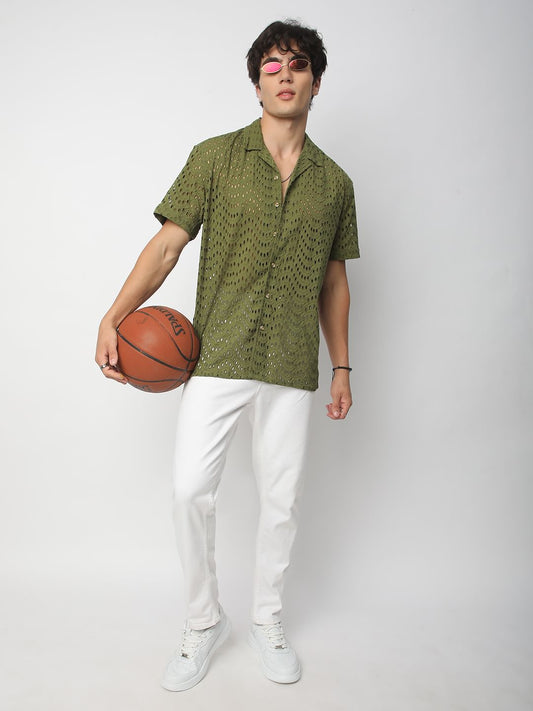 Olive Curved Schiffli Oversized Shirt