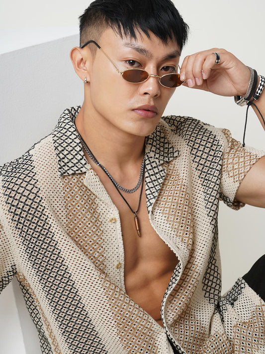 Glitzy Beige Striped Crochet Oversized Shirt