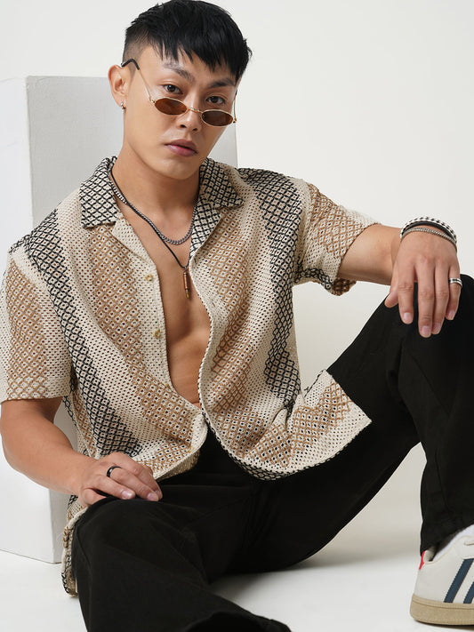 Glitzy Beige Striped Crochet Oversized Shirt