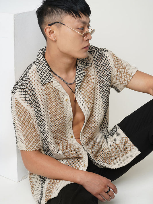 Glitzy Beige Striped Crochet Oversized Shirt