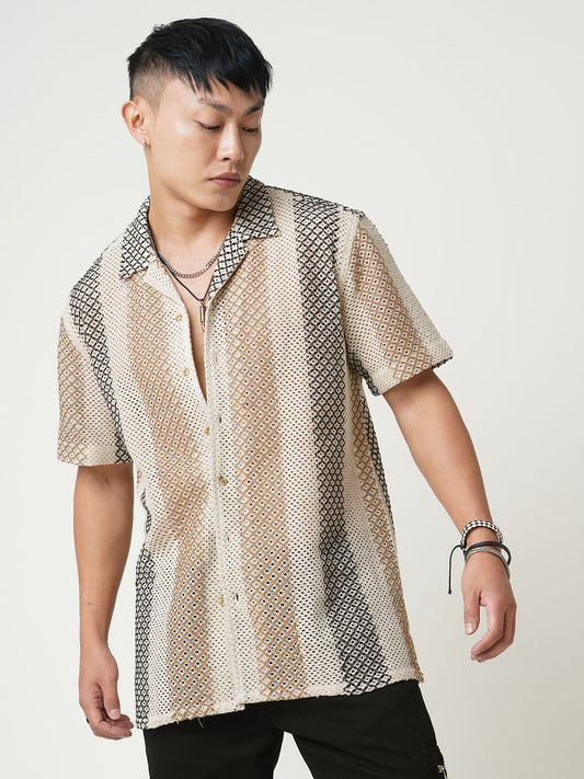 Glitzy Beige Striped Crochet Oversized Shirt