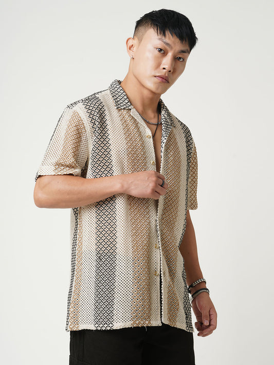 Glitzy Beige Striped Crochet Oversized Shirt