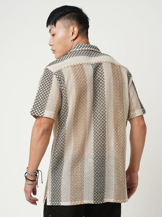 Glitzy Beige Striped Crochet Oversized Shirt