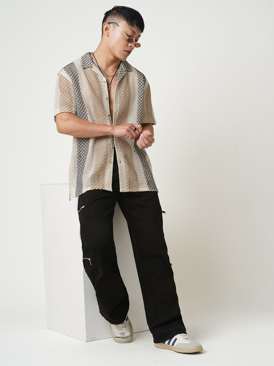 Glitzy Beige Striped Crochet Oversized Shirt