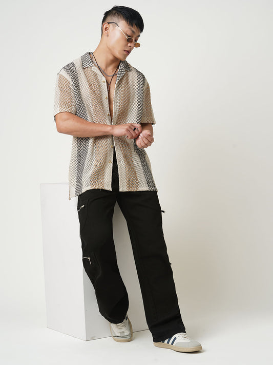 Glitzy Beige Striped Crochet Oversized Shirt