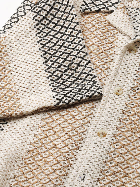 Glitzy Beige Striped Crochet Oversized Shirt
