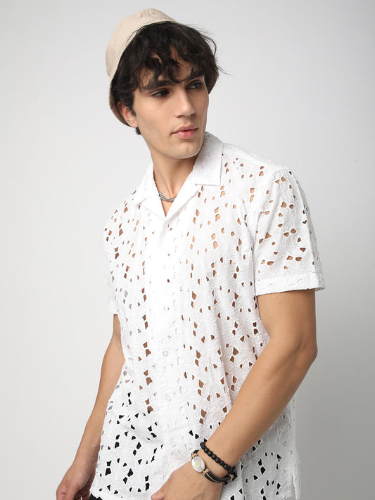 Snow White Schiffli Notch Collar Oversized Shirt