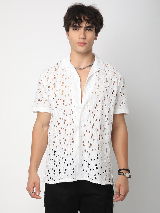 Snow White Schiffli Notch Collar Oversized Shirt