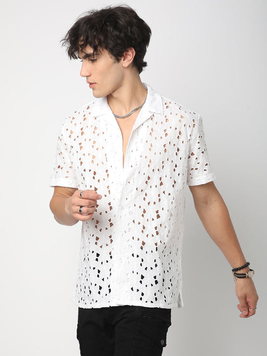 Snow White Schiffli Notch Collar Oversized Shirt