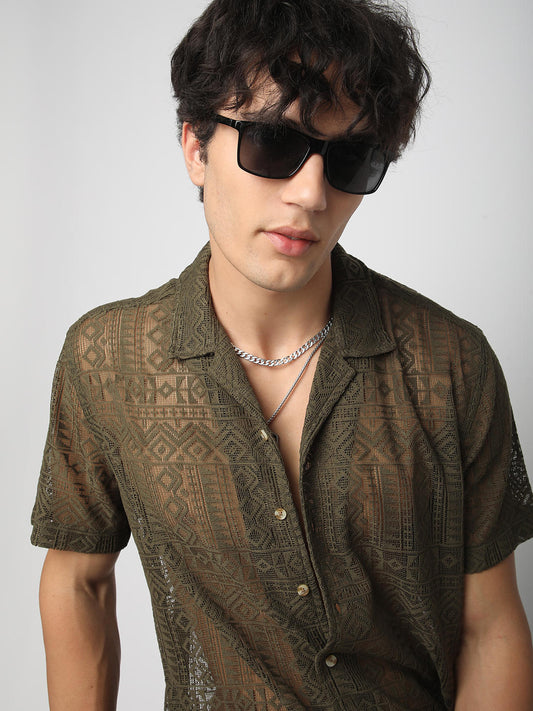 Olive Finesse Crochet Oversized Shirt