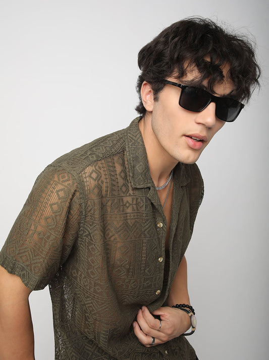 Olive Finesse Crochet Oversized Shirt