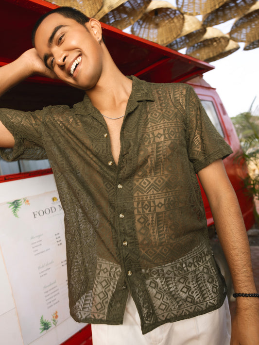 Olive Finesse Crochet Oversized Shirt