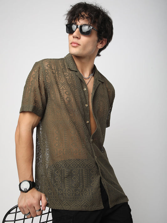 Olive Finesse Crochet Oversized Shirt