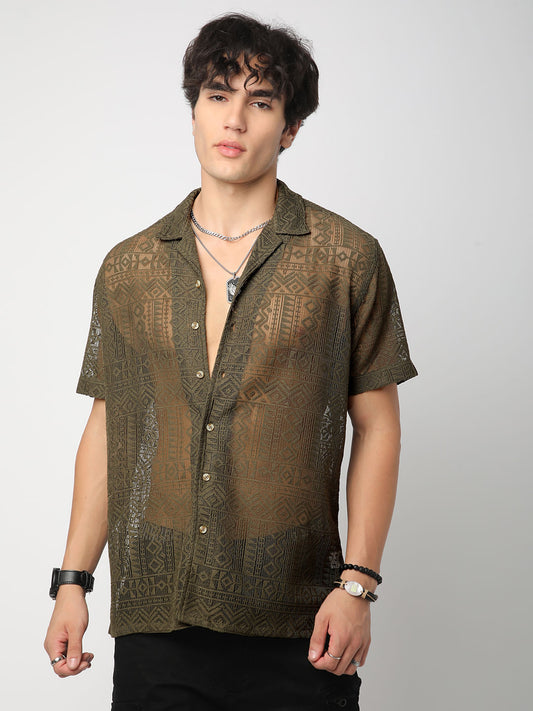 Olive Finesse Crochet Oversized Shirt