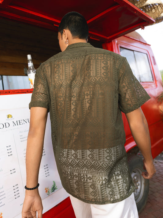 Olive Finesse Crochet Oversized Shirt