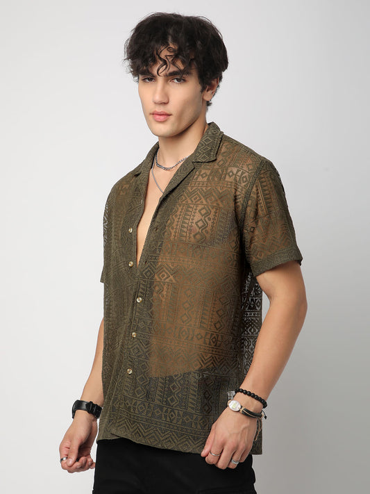 Olive Finesse Crochet Oversized Shirt