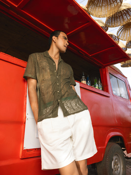 Olive Finesse Crochet Oversized Shirt