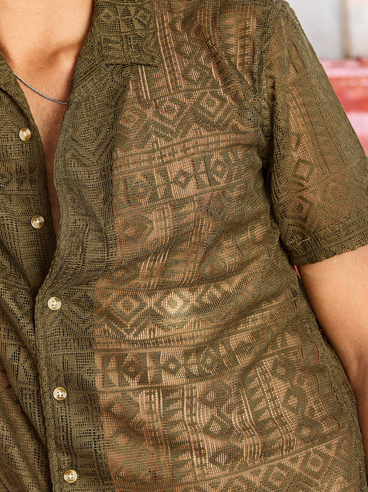 Olive Finesse Crochet Oversized Shirt