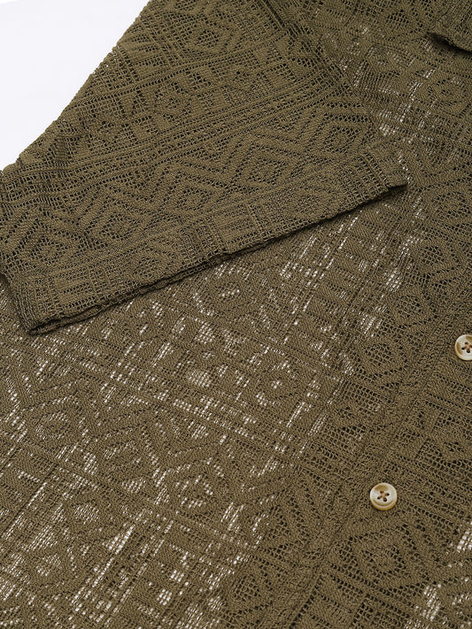 Olive Finesse Crochet Oversized Shirt