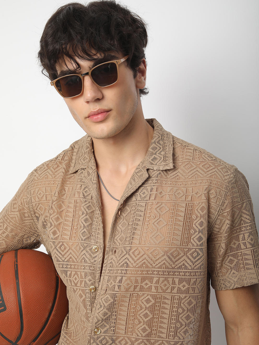 Finesse Brown Crochet Oversized Shirt