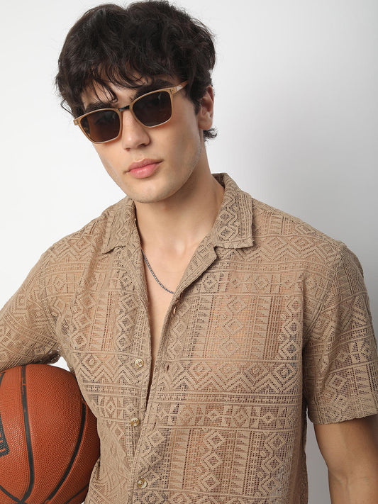 Finesse Brown Crochet Oversized Shirt