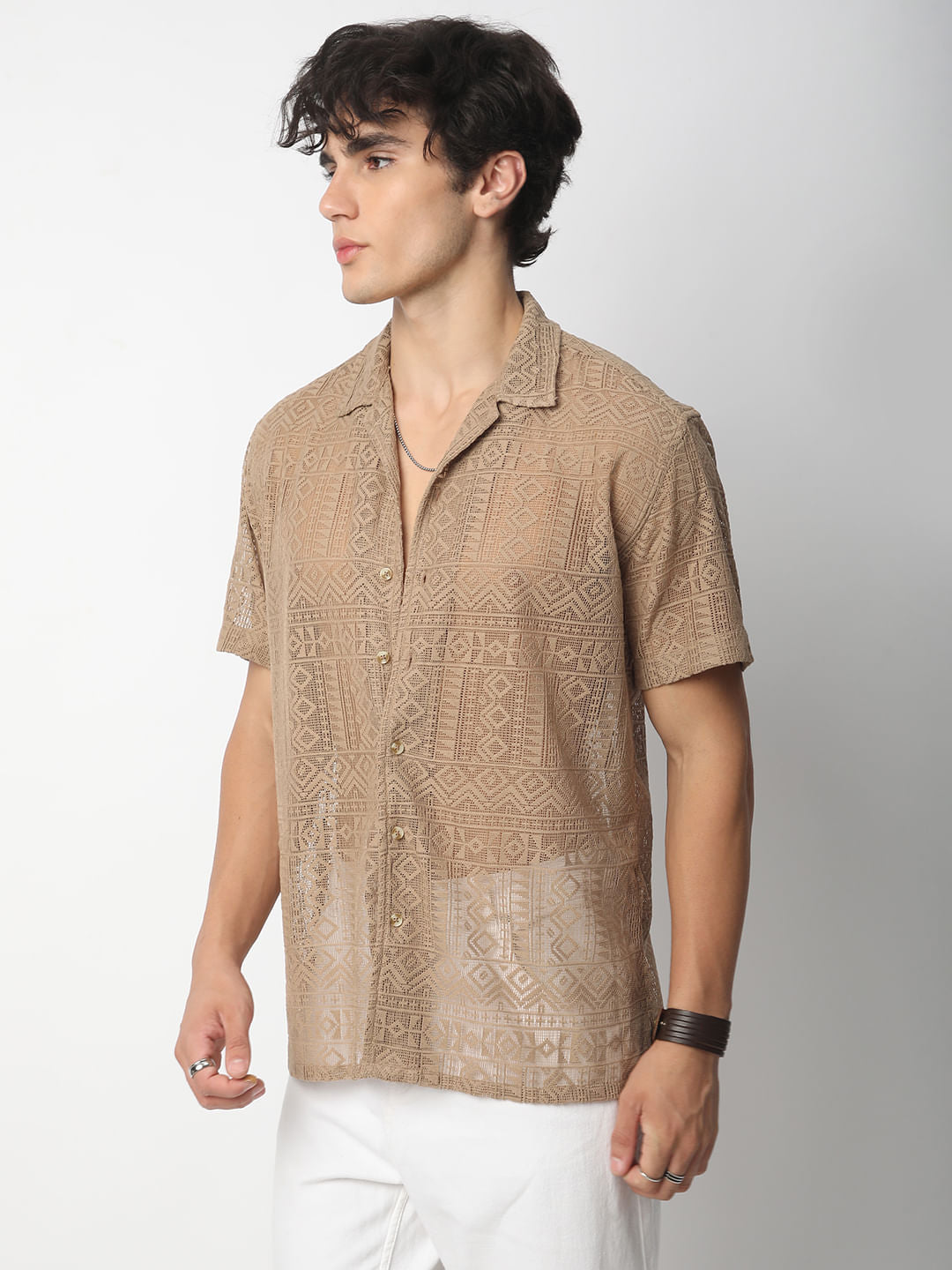 Finesse Brown Crochet Oversized Shirt